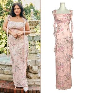 Cider Romantic Pink Floral Lace Knit Maxi Dress with Ruffle Tie Strap Size 0XL